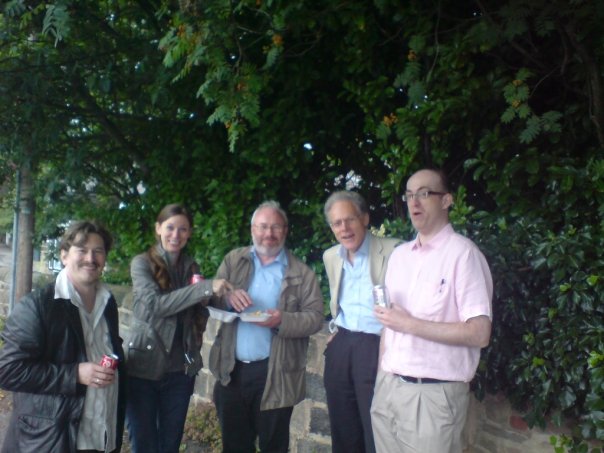 Some members of the Fine Rolls Project and POMS Project dining out in style (l-r
          Matthew Hammond, Amanda Beam (the chip thief) and Prof. Dauvit Broun (POMS) and Prof.
          David Carpenter and Paul Dryburgh (Fine Rolls)).
